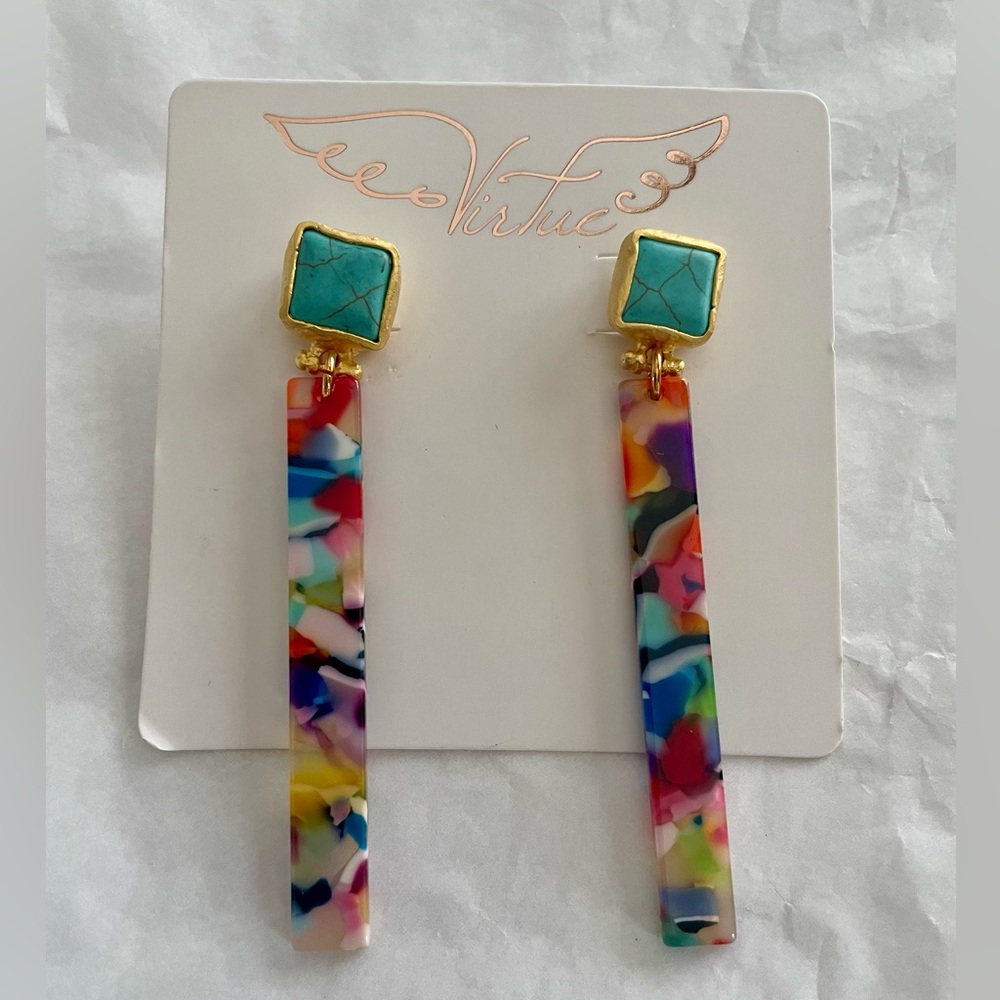Virtue Jewelry Turquoise Colorful Rainbow Acrylic Drop Earrings BRAND NEW
